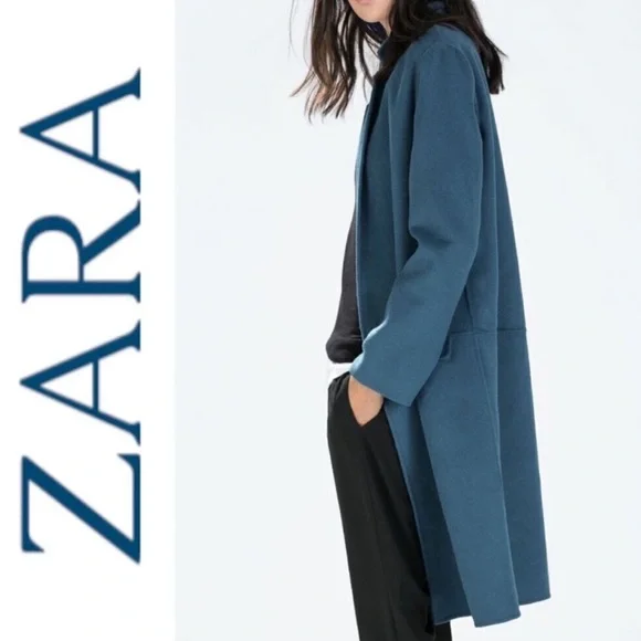 ZARA TEAL BLUE WOOL BLEND LONGLINE HAND-MADE 1 BUTTON CLOSURE DRESS COAT SZ MED - Picture 2 of 12